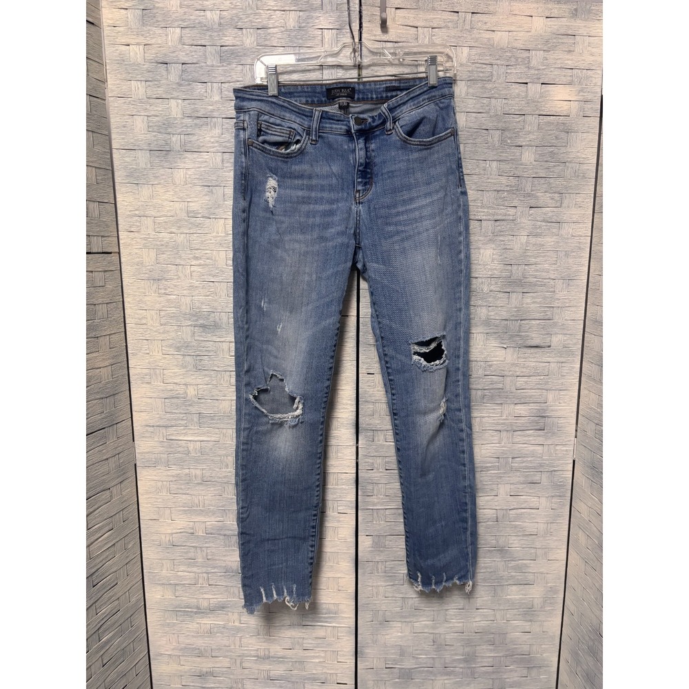 Judy Blue Womens 11/30 Skinny Jeans Medium Wash Distressed Ripped Frayed Hem